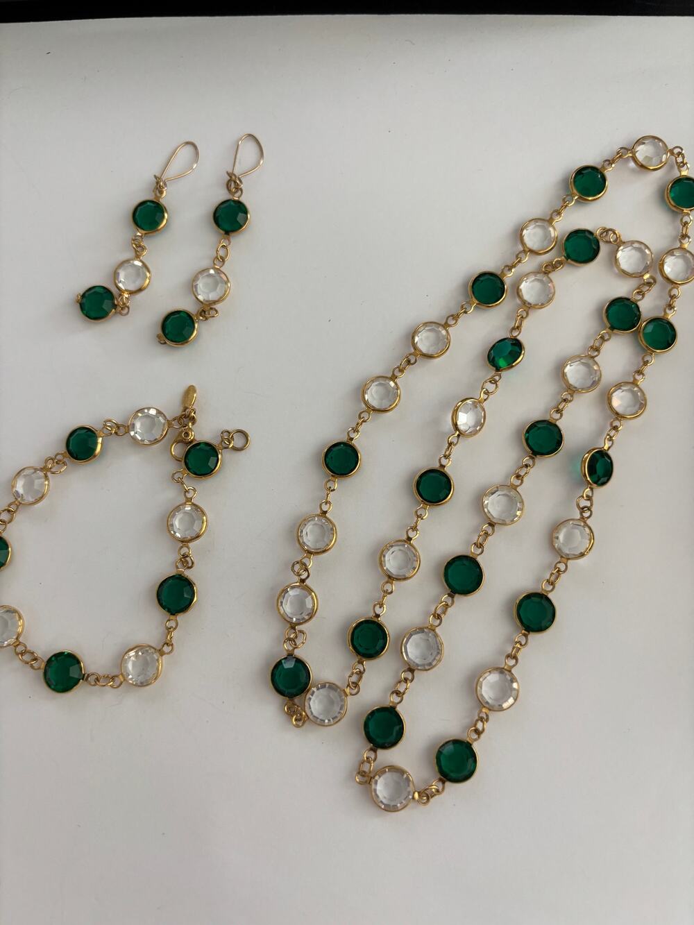 Vintage Monet Bezel Set Crystal Necklace Bracelet Earrings Set Gold Tone